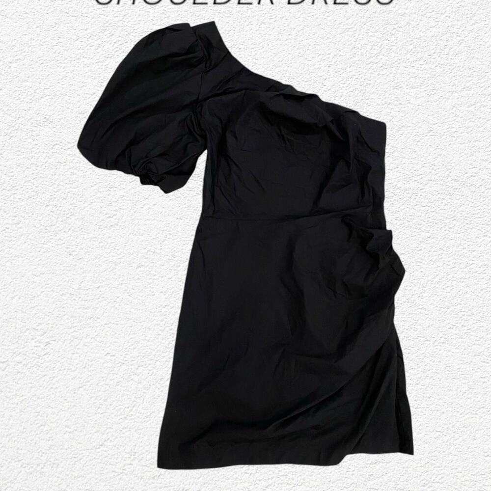 A New Day Black One Shoulder Cotton Dress Puffed Sleeve Size 4